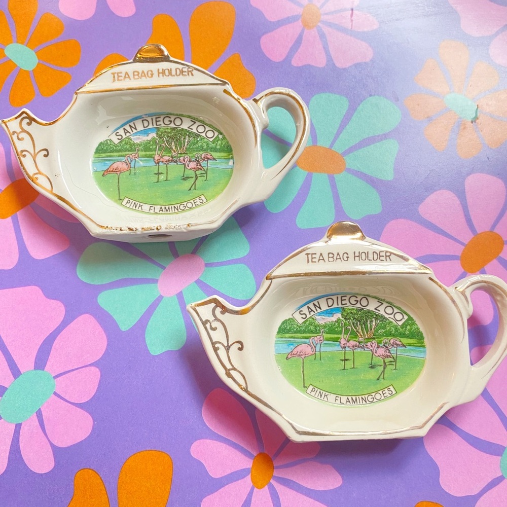 San Diego Zoo Flamingo Tea Bag Holders 1940s-1950s Mid Century Teapot Vintage
